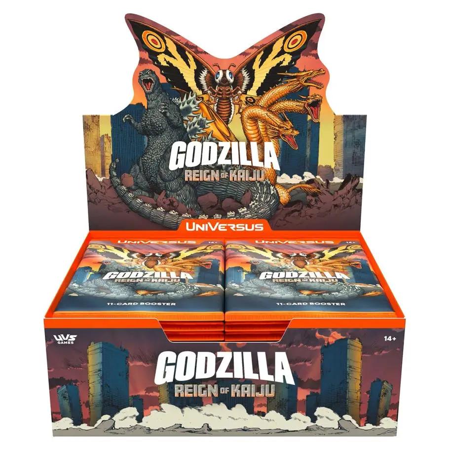 Front view of UniVersus Godzilla: Reign of Kaiju booster pack by THE MIGHTY HOBBY SHOP featuring colorful Kaiju artwork.