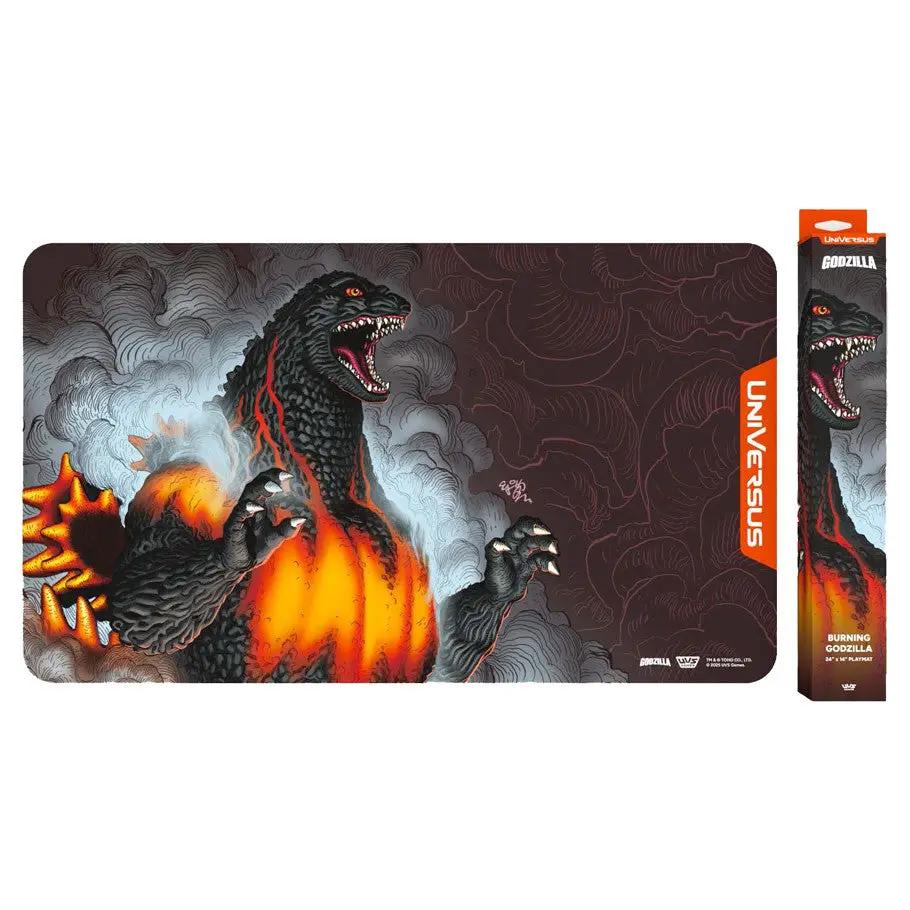 Burning Godzilla playmat from UniVersus game by THE MIGHTY HOBBY SHOP, featuring detailed Godzilla artwork and vibrant design.