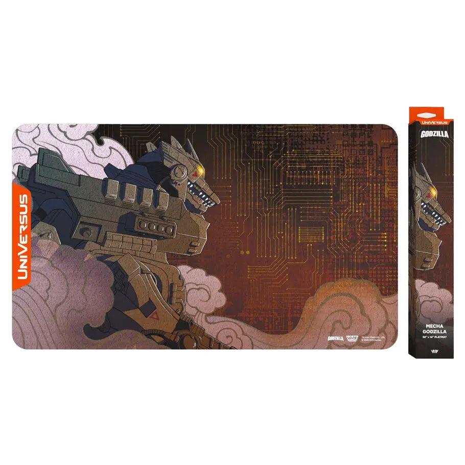 Playmat featuring Mechagodzilla Kiryu from UniVersus, colorful design with detailed illustration, ideal for gaming setups.