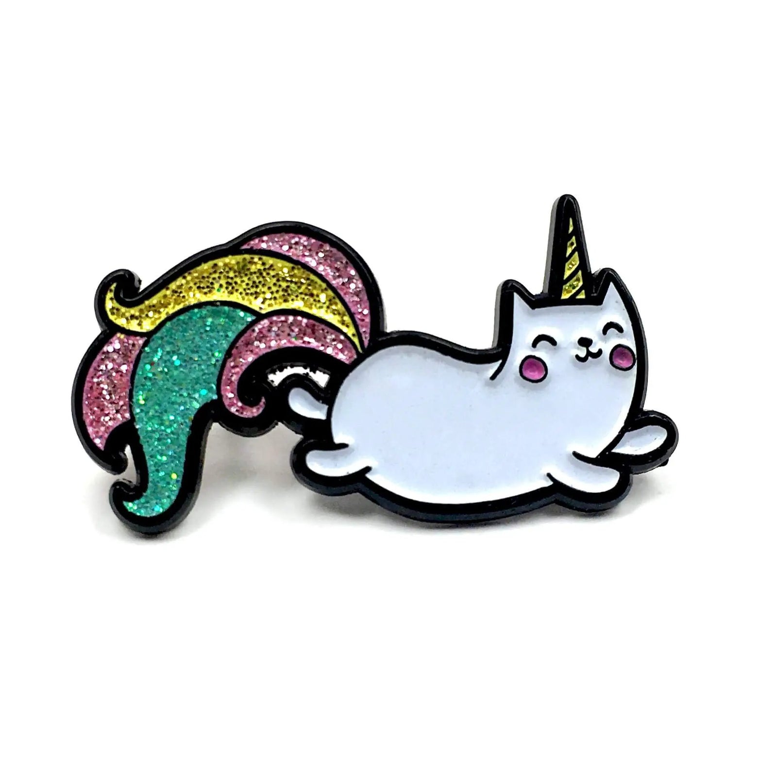 Black unicorn cat pin by Kolorspun featuring a whimsical unicorn design on a sleek black background.