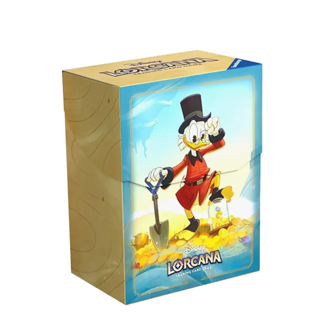 Disney Lorcana deck box featuring Scrooge McDuck design from Ravensburger, with vibrant artwork and secure closure.