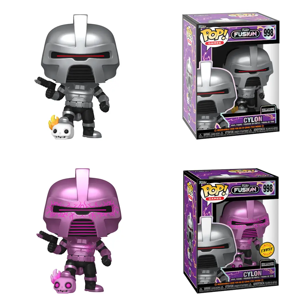 Pre-order Funko Pop! Fusion Battlestar Galactica Cylon Chase Bundle figure, featuring detailed Cylon character from the sci-fi series.