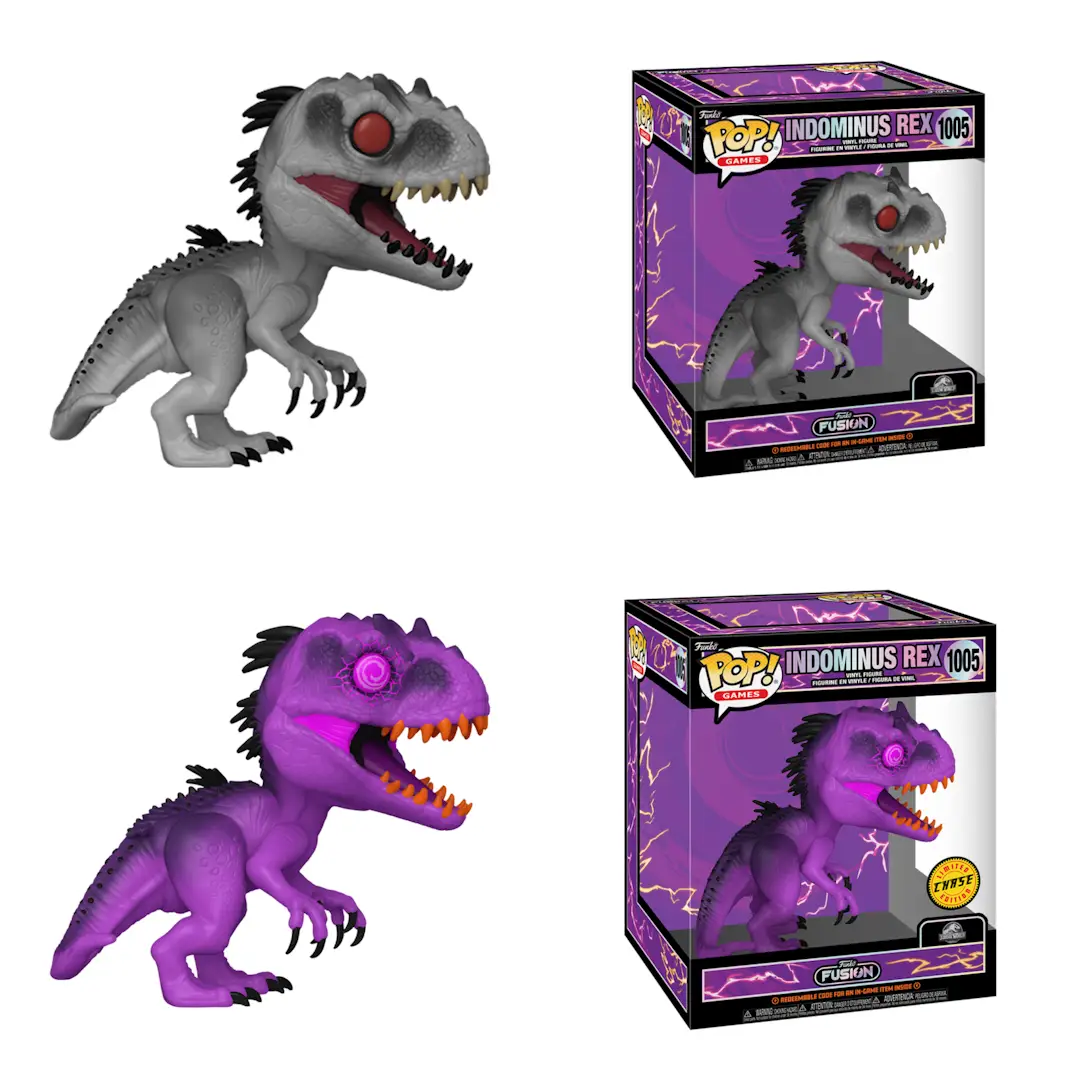 Funko Pop! figure of Indominus Rex from Funko Fusion series, collectible toy with detailed dinosaur design, Chase Bundle edition.