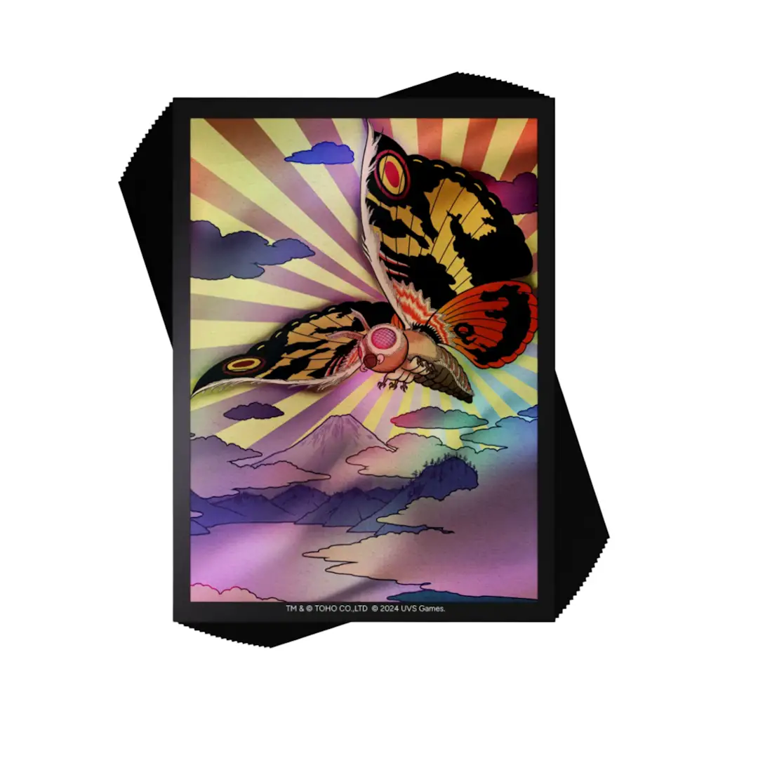 UVS GAMES Godzilla Mothra sleeves from The Mighty Hobby Shop featuring vibrant Mothra artwork on collectible card sleeves.