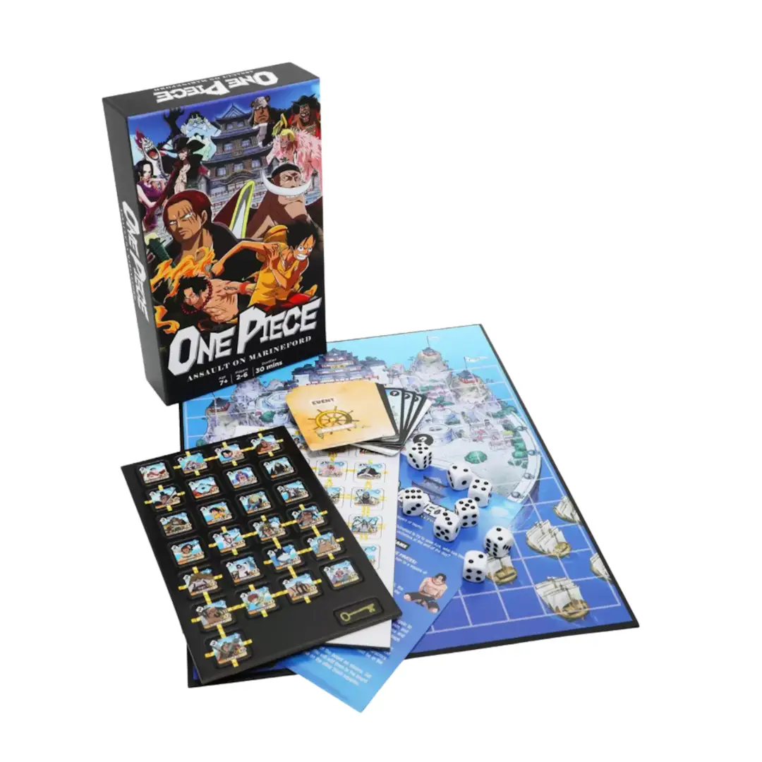 One Piece: Assault on Marineford board game box with colorful artwork and game components displayed on the cover