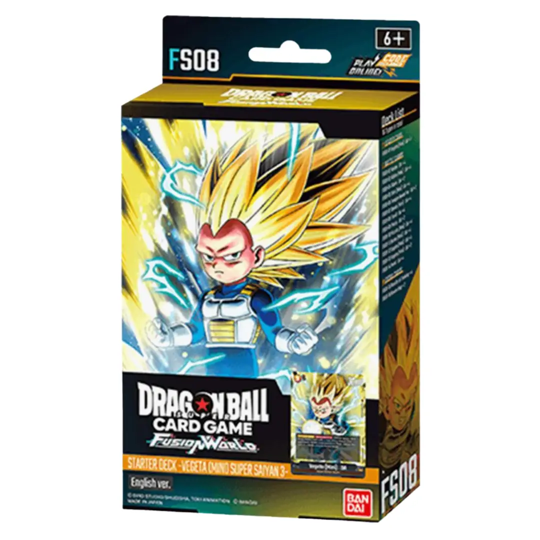 Mini Super Saiyan 3 Vegeta starter deck card from THE MIGHTY HOBBY SHOP featuring Vegeta in Super Saiyan 3 form.
