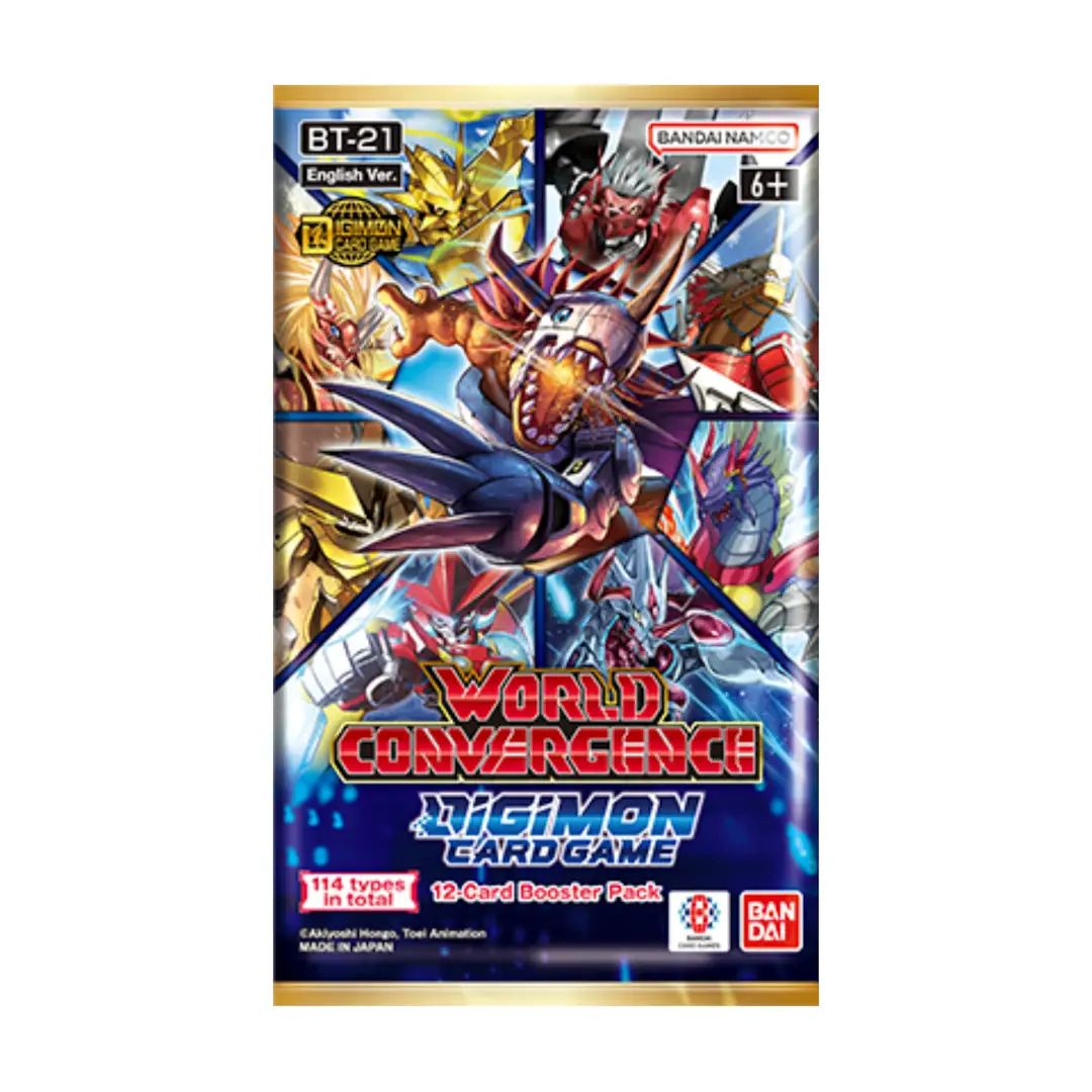 Digimon Card Game Booster Pack World Convergence BT21 by THE MIGHTY HOBBY SHOP, featuring colorful cards and vibrant packaging.