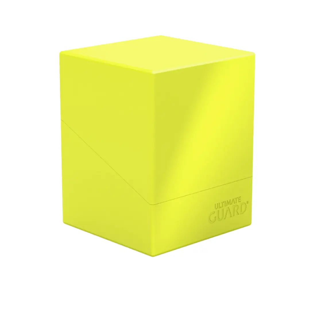 Clear Ultimate Guard Boulder 100+ card storage box with lid, designed by The Mighty Hobby Shop, for organizing trading cards.