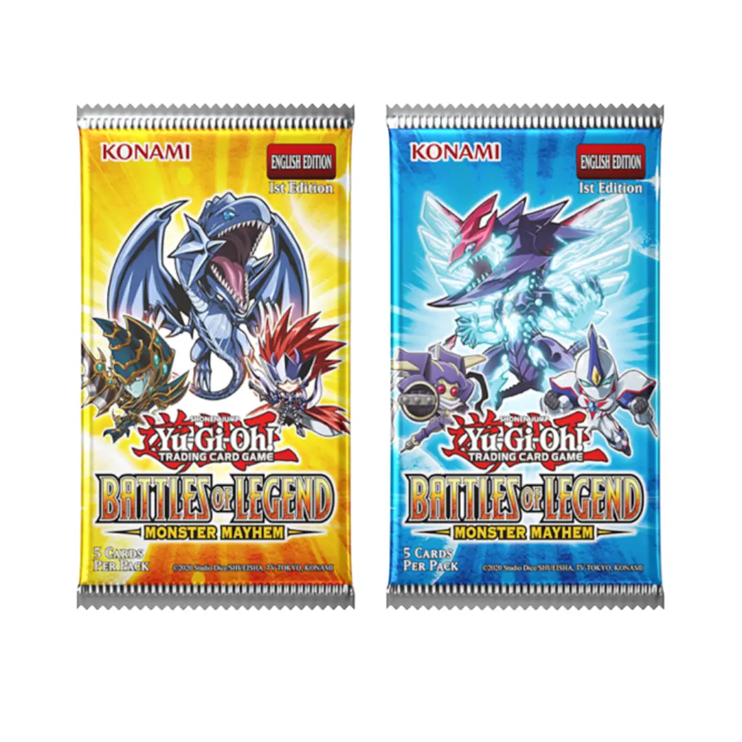 Yu-Gi-Oh! TCG Battles of Legend: Monster Mayhem booster box with colorful artwork and packaging featuring monster illustrations.