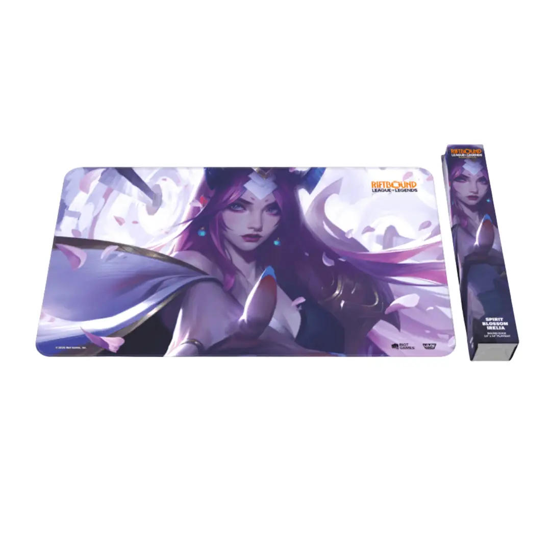 Spirit Blossom Irelia playmat from Riftbound TCG: League of Legends, featuring vibrant anime-style artwork of Irelia in blossom attire.