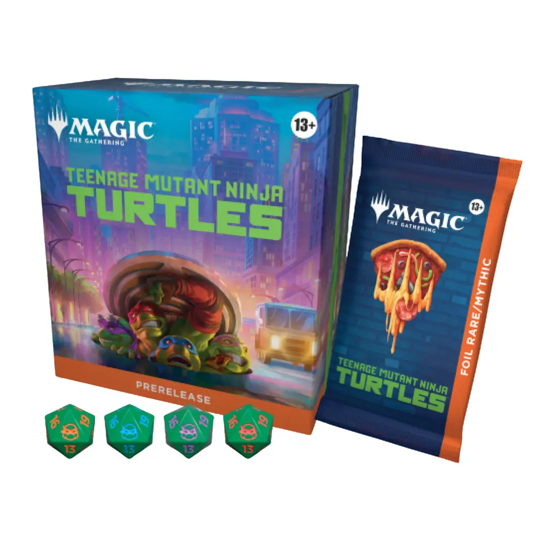 Teenage Mutant Ninja Turtles Magic: The Gathering prerelease kit with cards and accessories, featuring TMNT-themed artwork.