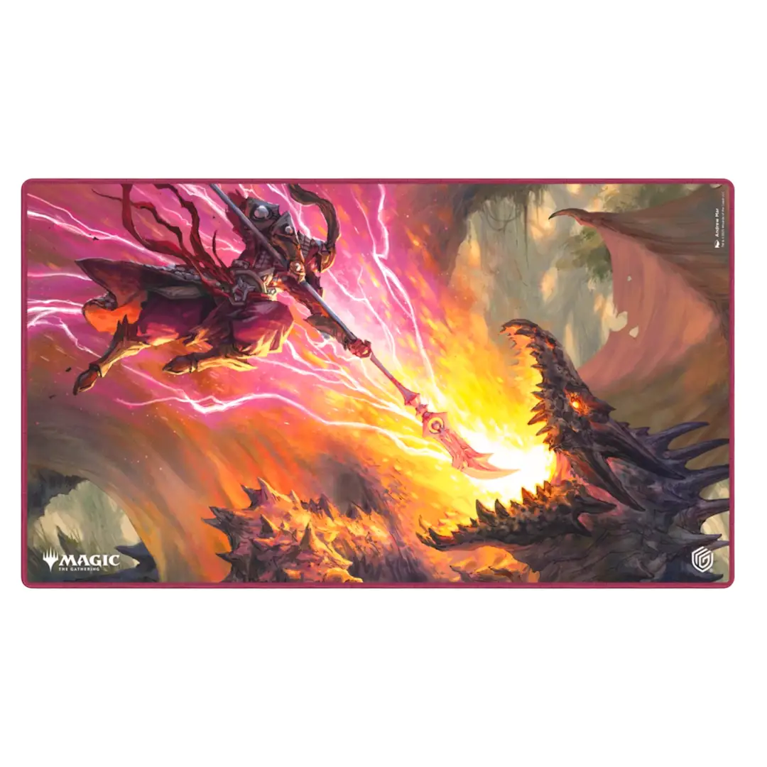 Magic: The Gathering Tarkir Dragonstorm playmat by THE MIGHTY HOBBY SHOP, featuring vibrant fantasy dragon artwork on a colorful gaming surface.