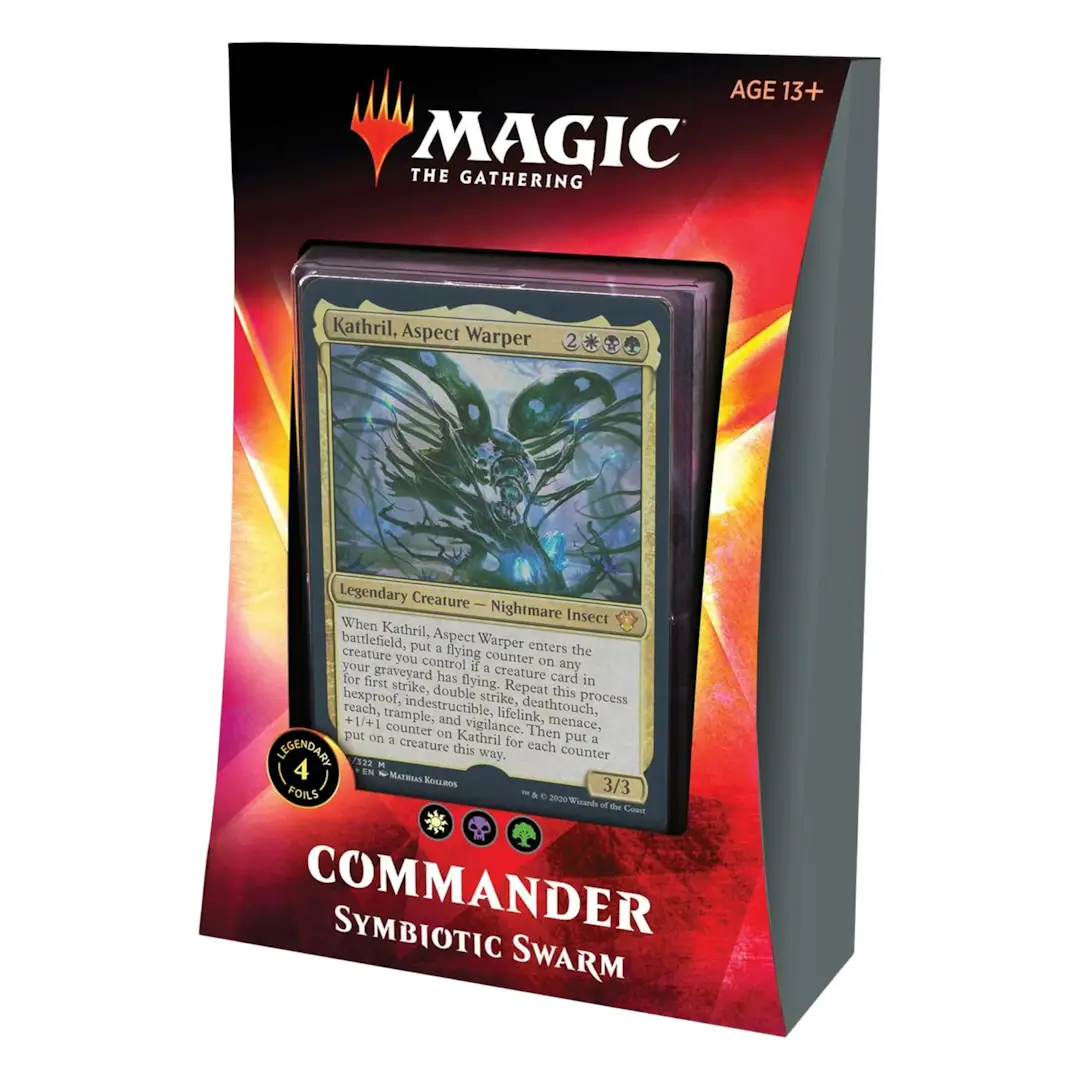Magic: The Gathering Symbiotic Swarm Ikoria Commander Deck featuring 100 cards including 4 foil legendary creatures and detailed artwork.