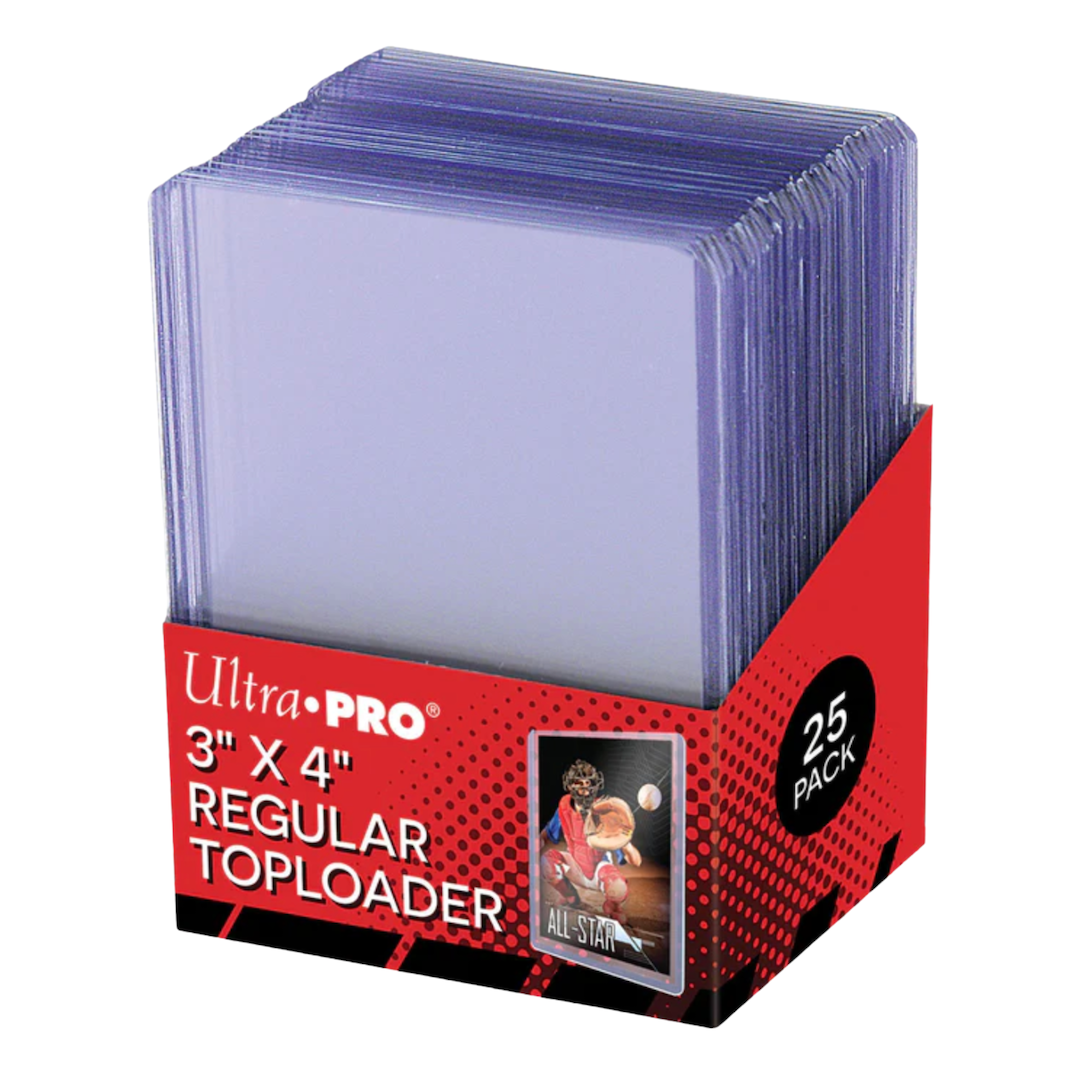 Clear 3x4 inch regular toploaders for standard size cards, 25-count pack, ideal for protecting collectible trading cards.