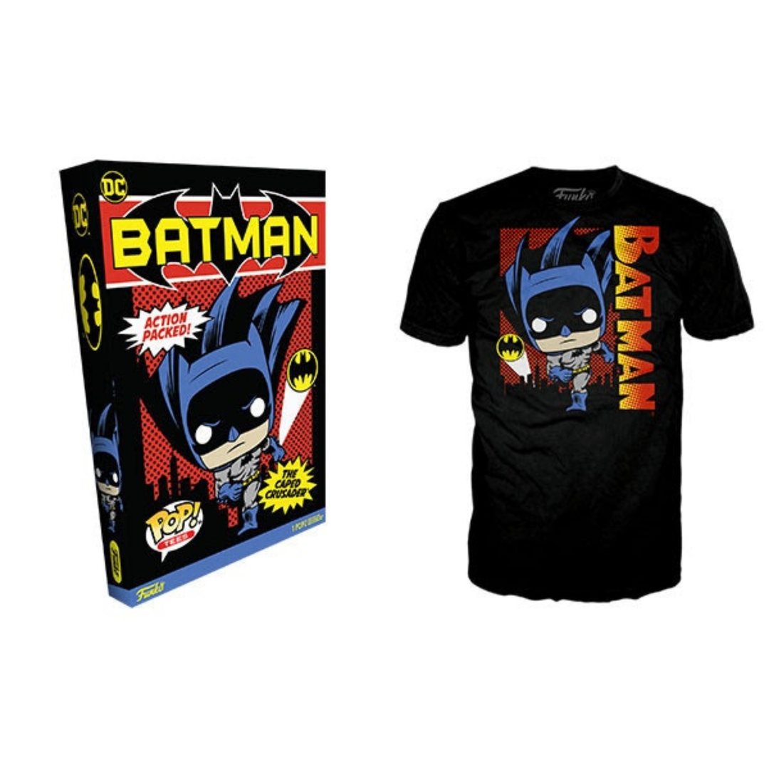 DC The Batman boxed T-shirt from THE MIGHTY HOBBY SHOP featuring a Batman logo and graphic design on a black cotton tee.