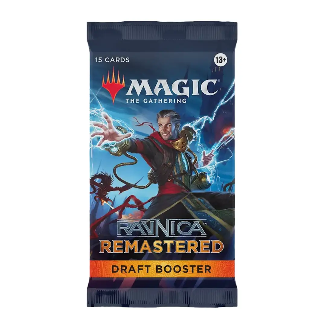 Ravnica Remastered Draft Booster Pack for Magic: The Gathering card game, featuring colorful fantasy artwork on the pack.