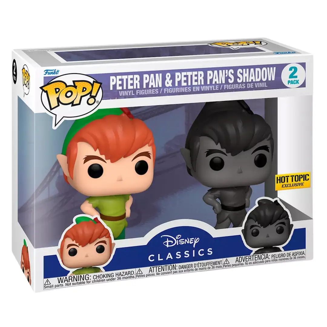 Funko Disney Peter Pan and Shadow vinyl figures from THE MIGHTY HOBBY SHOP, collectible Pop! set featuring Peter Pan and his shadow.