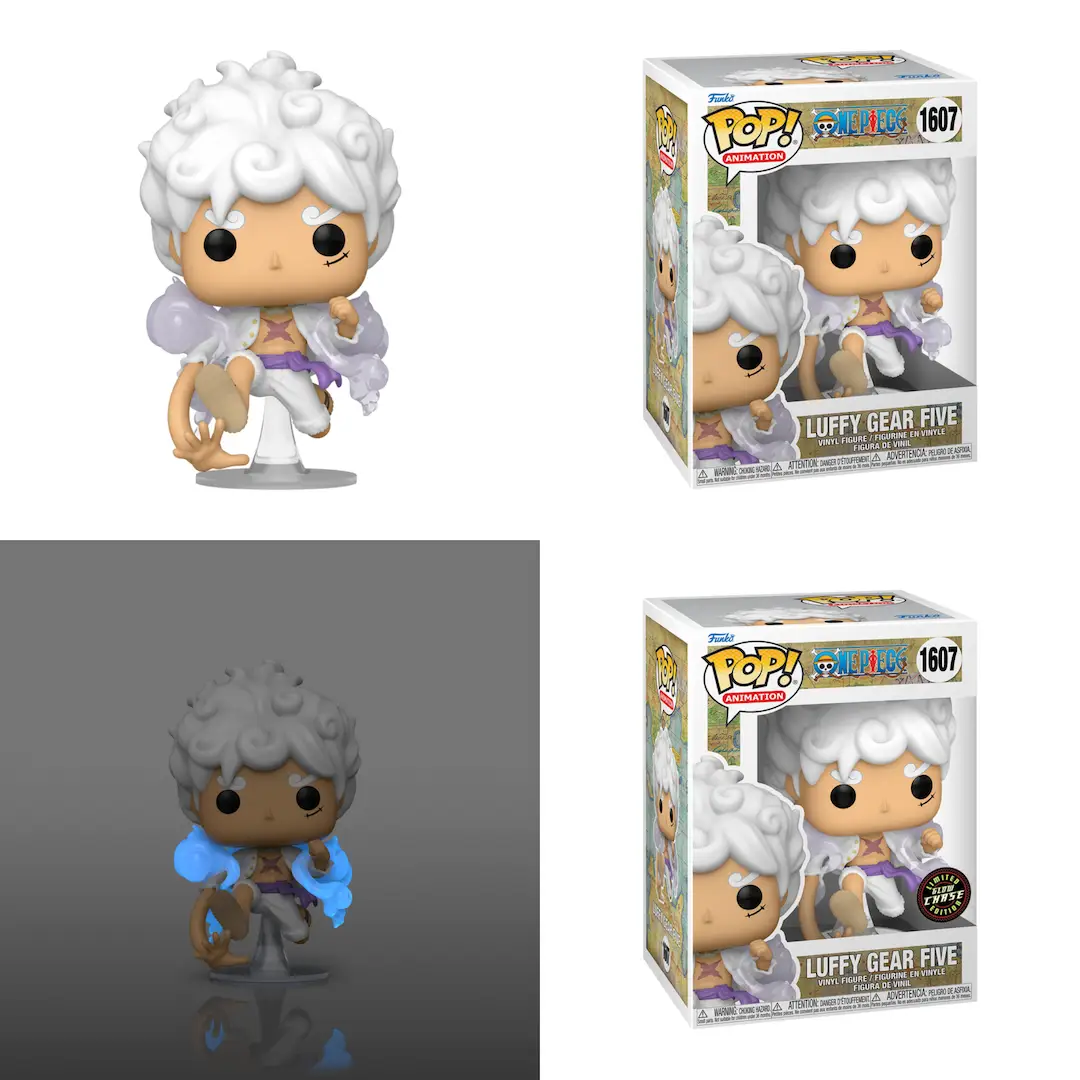 Pre-order Pop! Animation: OP Luffy Gear 5 Chase Bundle figure from THE MIGHTY HOBBY SHOP with colorful packaging.