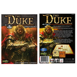 Board game titled "The Duke: Lord's Legacy" featuring detailed medieval-themed artwork and game components on a wooden table.
