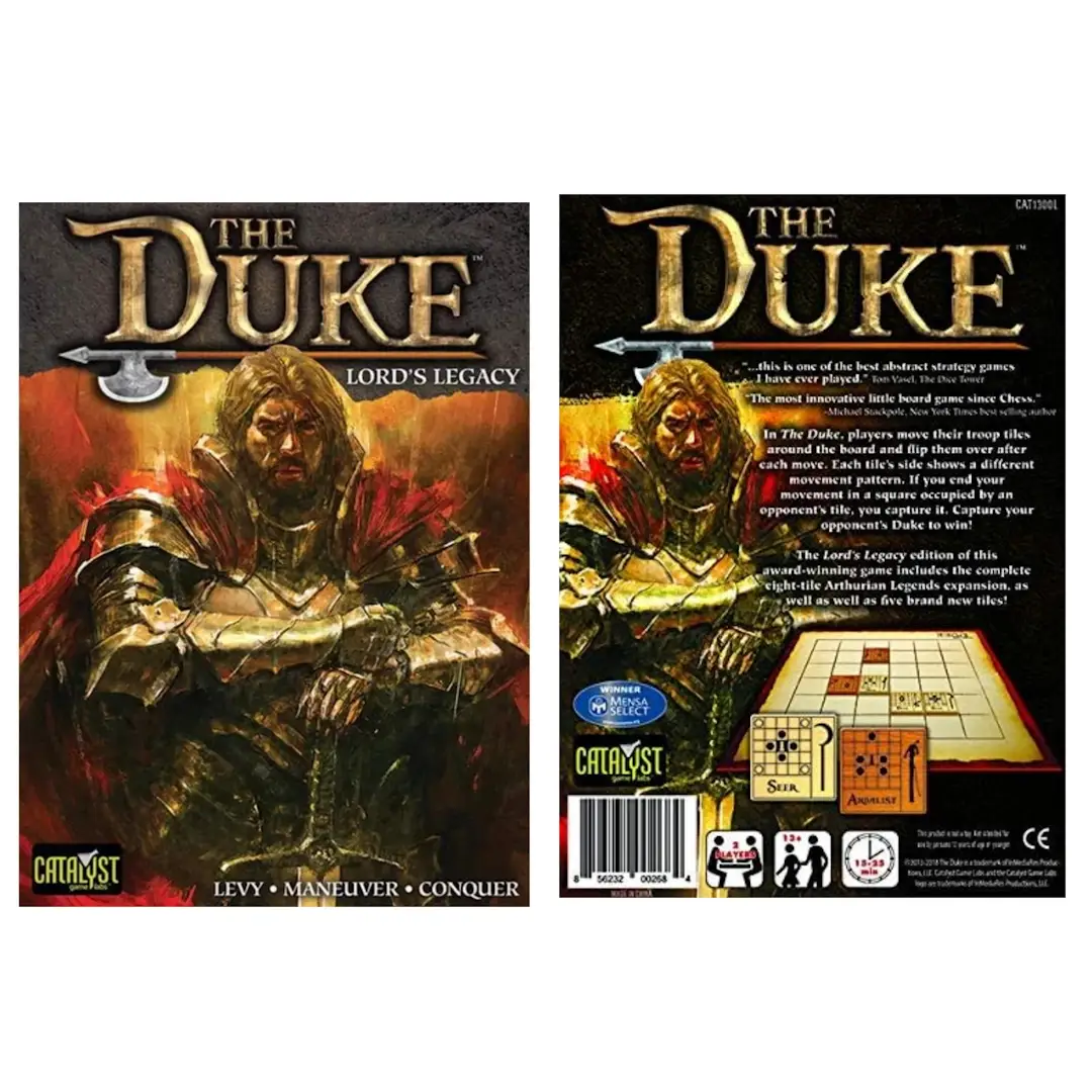 Board game titled "The Duke: Lord's Legacy" featuring detailed medieval-themed artwork and game components on a wooden table.