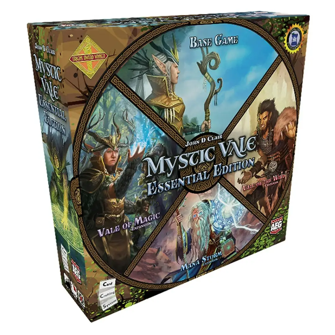 Mystic Vale: Essential Edition board game by AEG with colorful cards, deck-building components, and expansion packs for 2-4 players.
