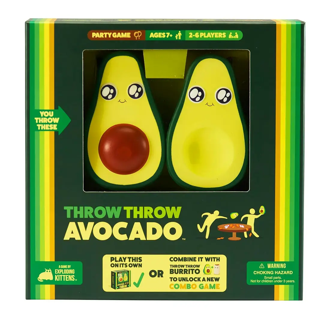 Throw Avocado by Exploding Kittens board game expansion set featuring colorful cards with avocado and dodgeball themes for family fun.