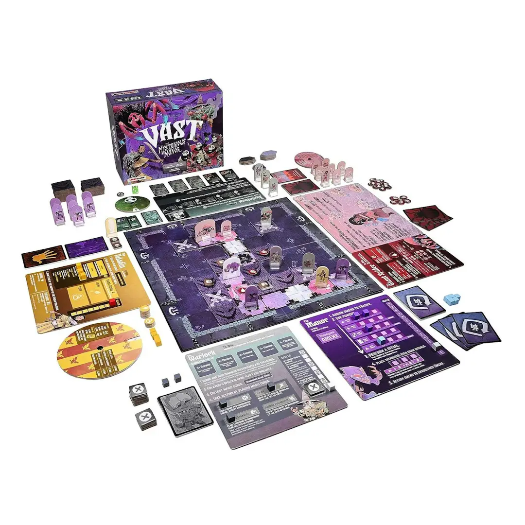 Vast: The Mysterious Manor board game by Leder Games featuring detailed game pieces and a mysterious manor illustration.
