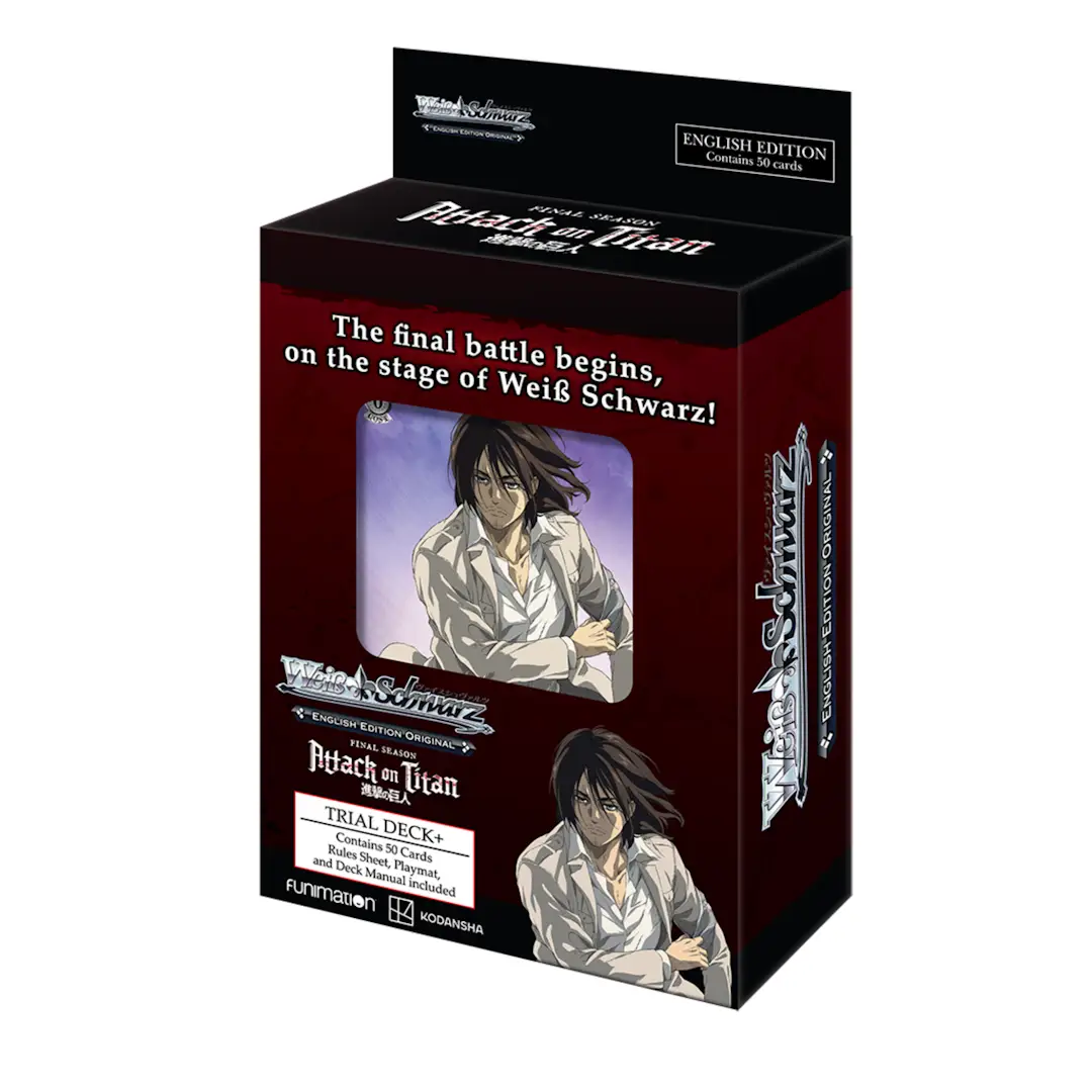 Attack On Titan Final Season Trial Deck+ card game from THE MIGHTY HOBBY SHOP, featuring themed cards and artwork.