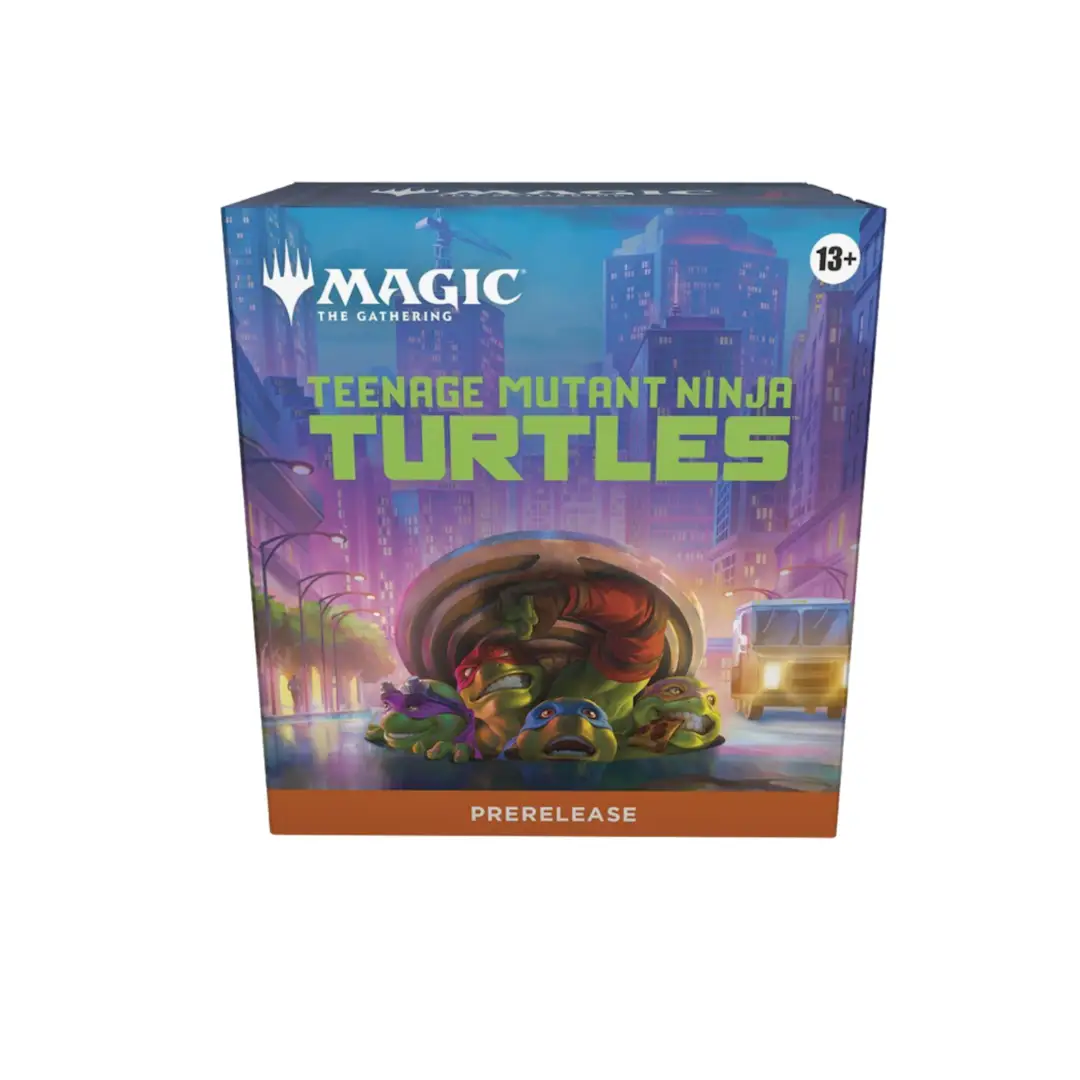 Teenage Mutant Ninja Turtles Magic: The Gathering prerelease kit with cards and packaging featuring TMNT characters and artwork.