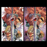 Comic book cover of Thundercats #6 Virgin Set featuring white and purple artwork by Tyler Kirkham from Jams Fortress Comics.