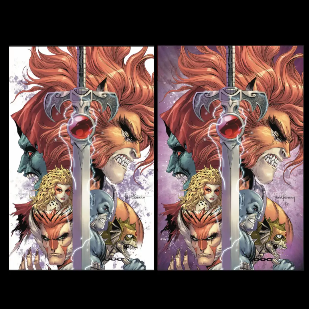 Comic book cover of Thundercats #6 Virgin Set featuring white and purple artwork by Tyler Kirkham from Jams Fortress Comics.