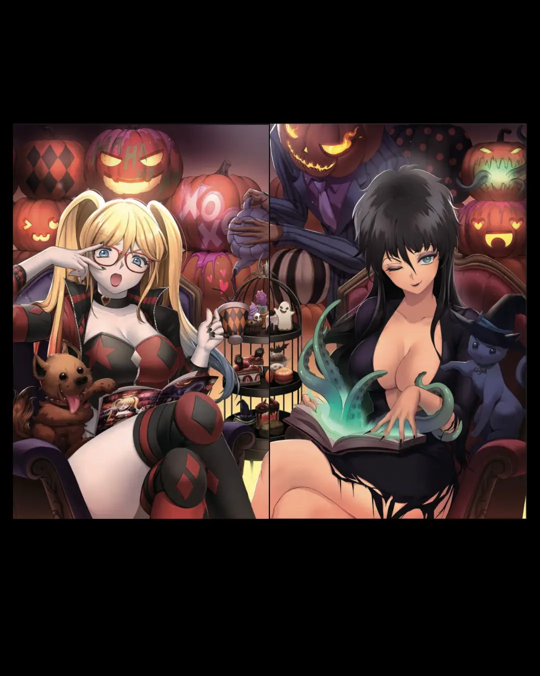 HARLEY QUINN X ELVIRA #2, RACHTA LIN VARIANT SET CONNECTING by JAMS FORTRESS COMICS