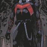 Comic book character in a black and red suit with a chain, standing in a dark, industrial setting.