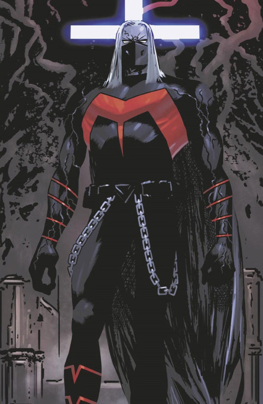 Comic book character in a black and red suit with a chain, standing in a dark, industrial setting.