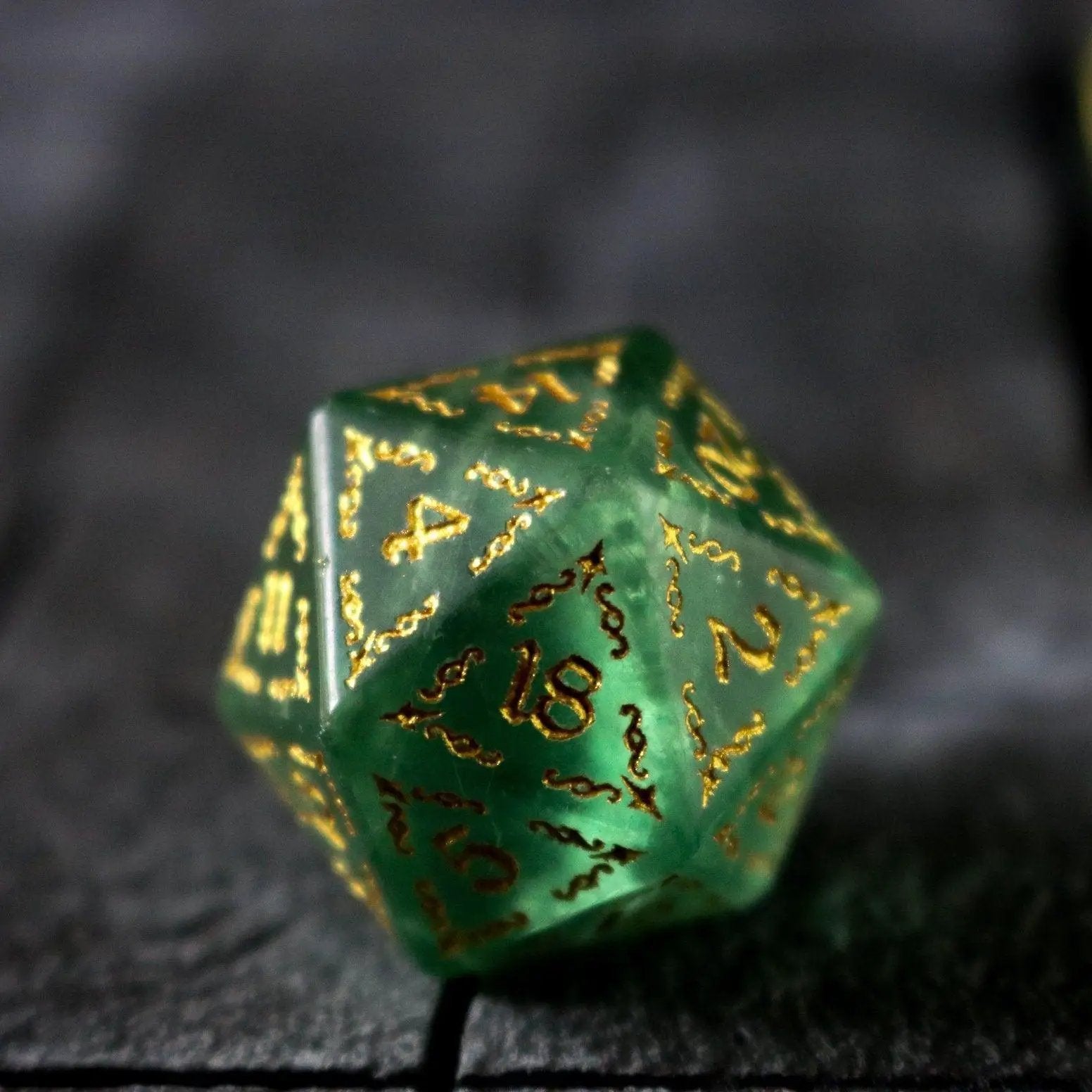 Vine Spike green fluorite gemstone D&D dice set with six polished gemstone dice from Runic Dice.