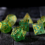 Vine Spike green fluorite gemstone DND dice set by Runic Dice, featuring colorful, polished gemstone dice for tabletop gaming.
