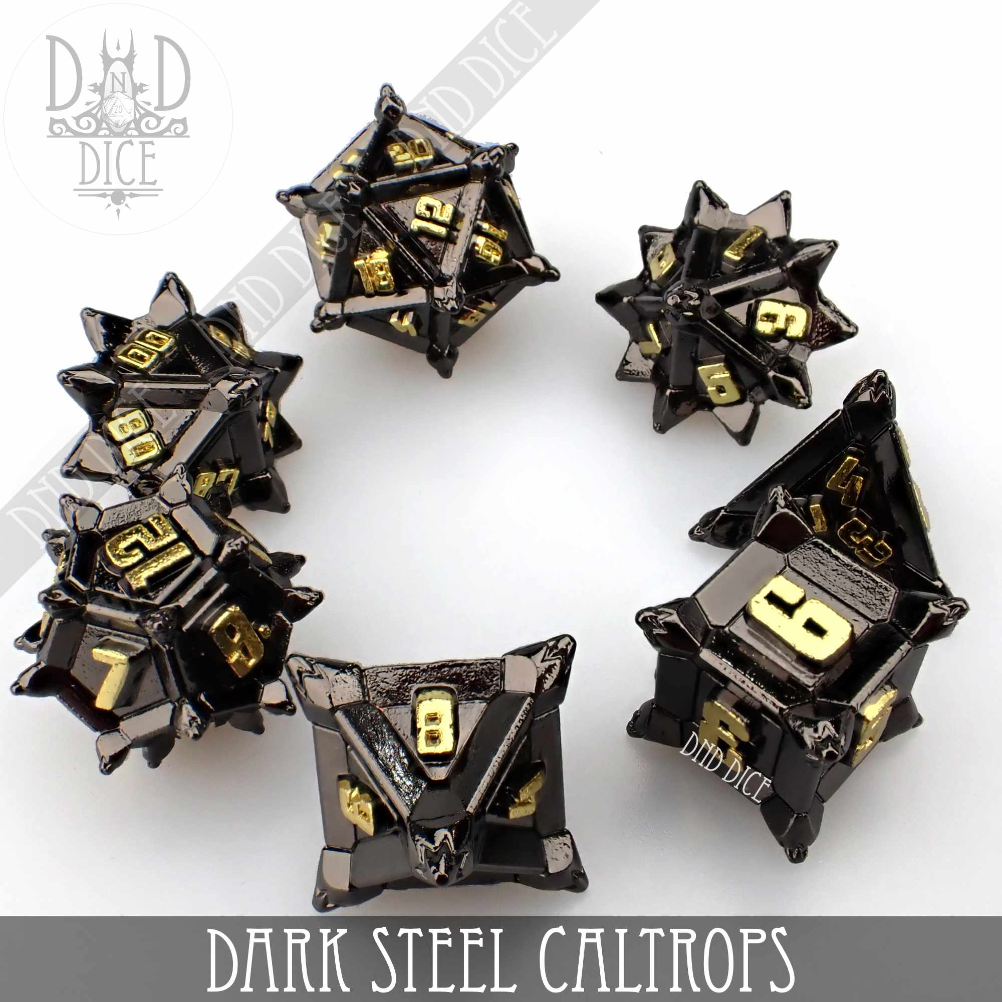 Dark Steel Caltrops Metal Dice Set by DNDDICE.COM