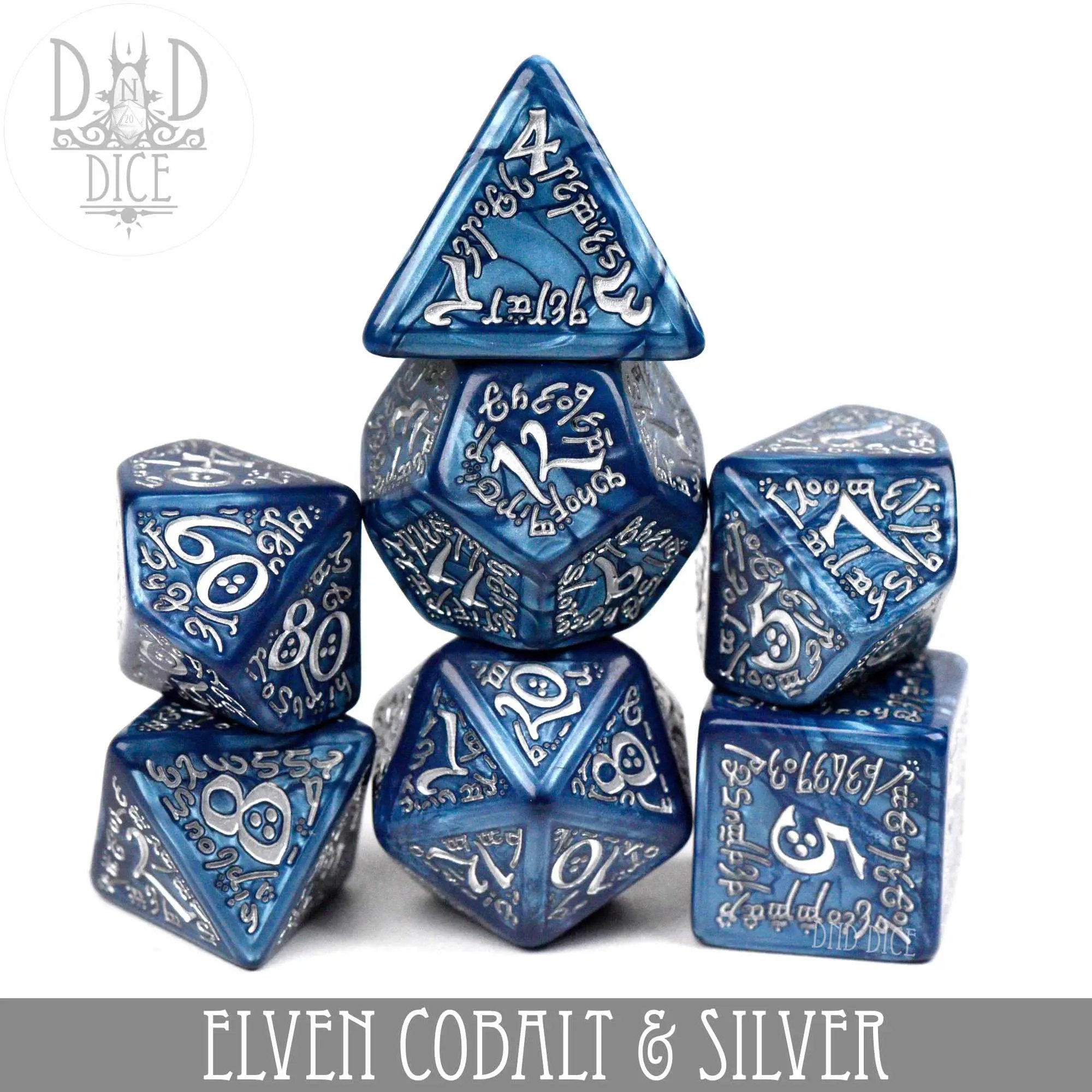Elven Cobalt & Silver Dice Set by DNDDICE.COM
