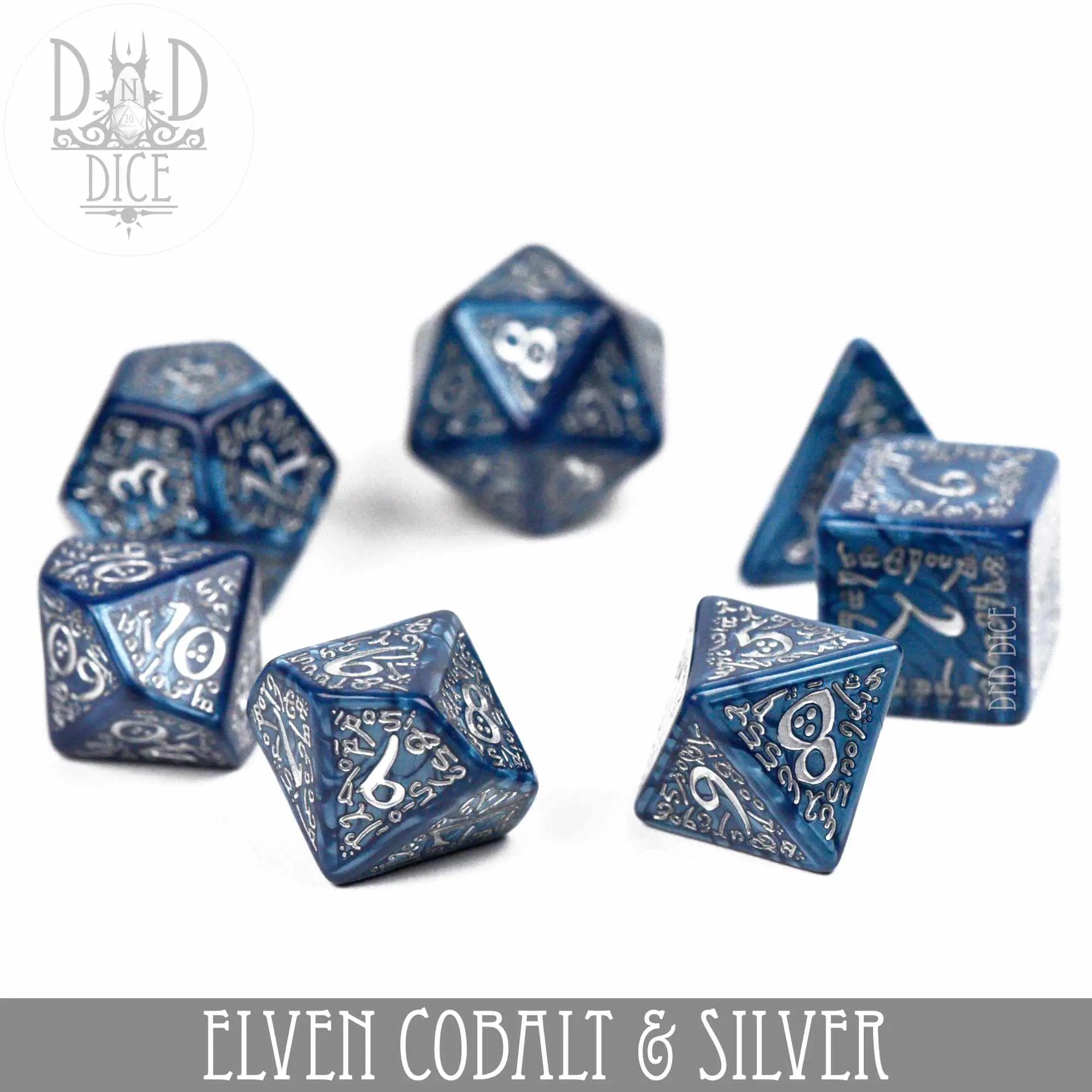 Elven Cobalt & Silver Dice Set by DNDDICE.COM