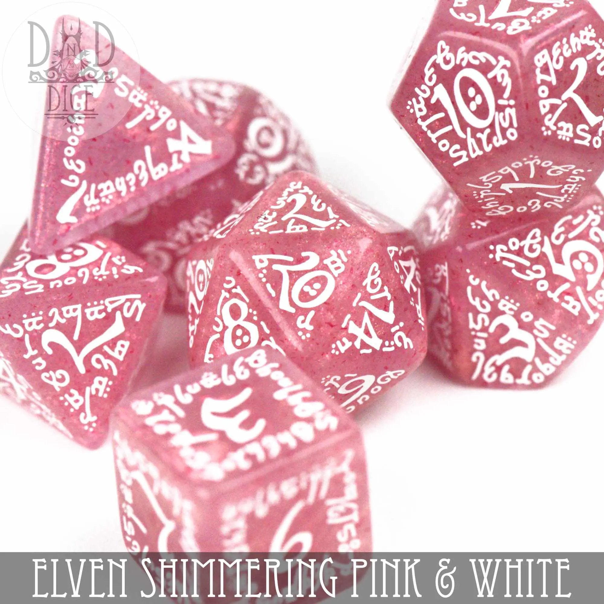 Elven Shimmering Pink & White Dice Set by DNDDICE.COM