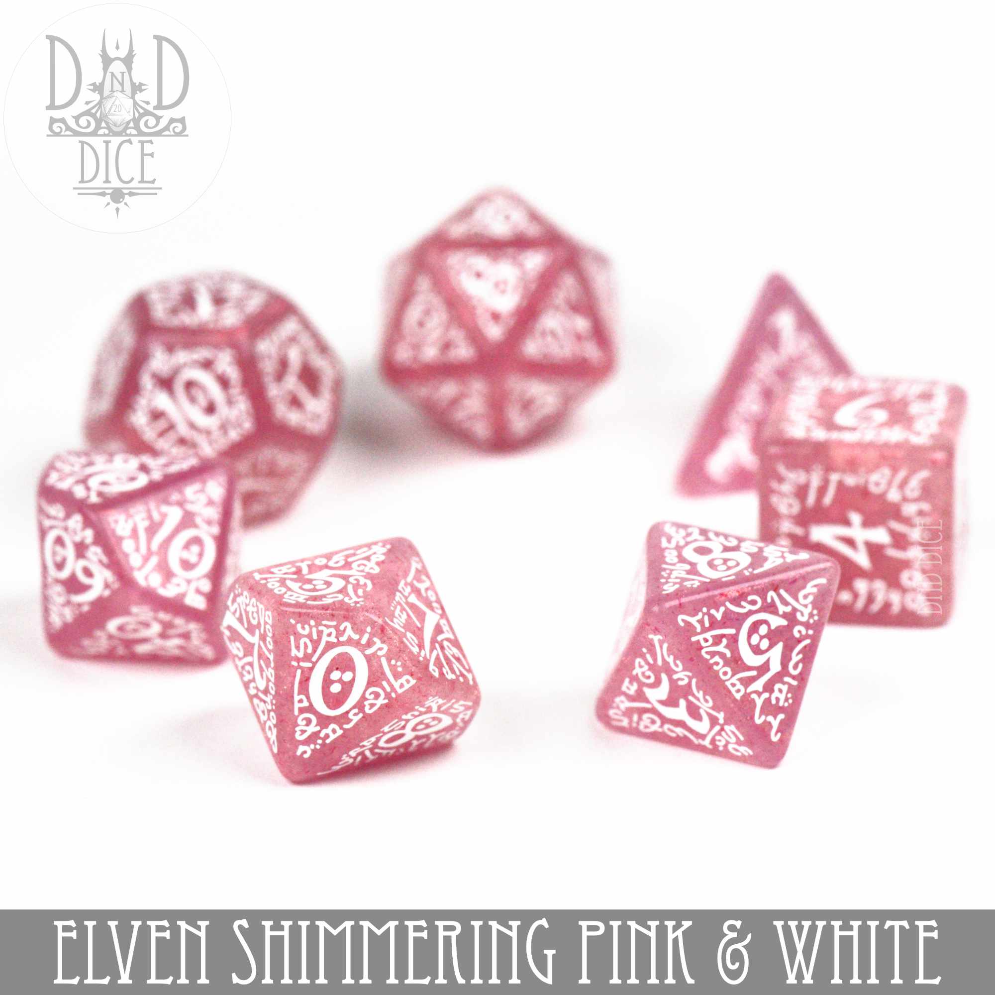 Elven Shimmering Pink & White Dice Set by DNDDICE.COM
