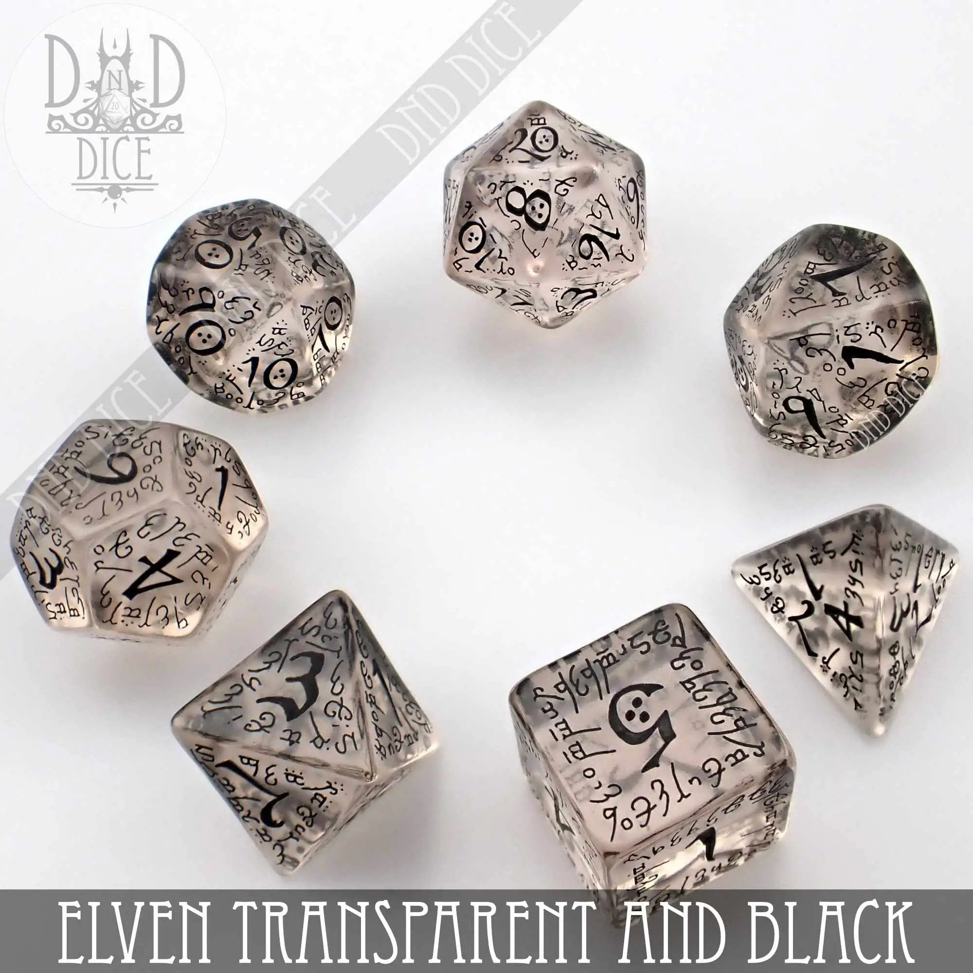 Elven Transparent & Black Dice Set by DNDDICE.COM