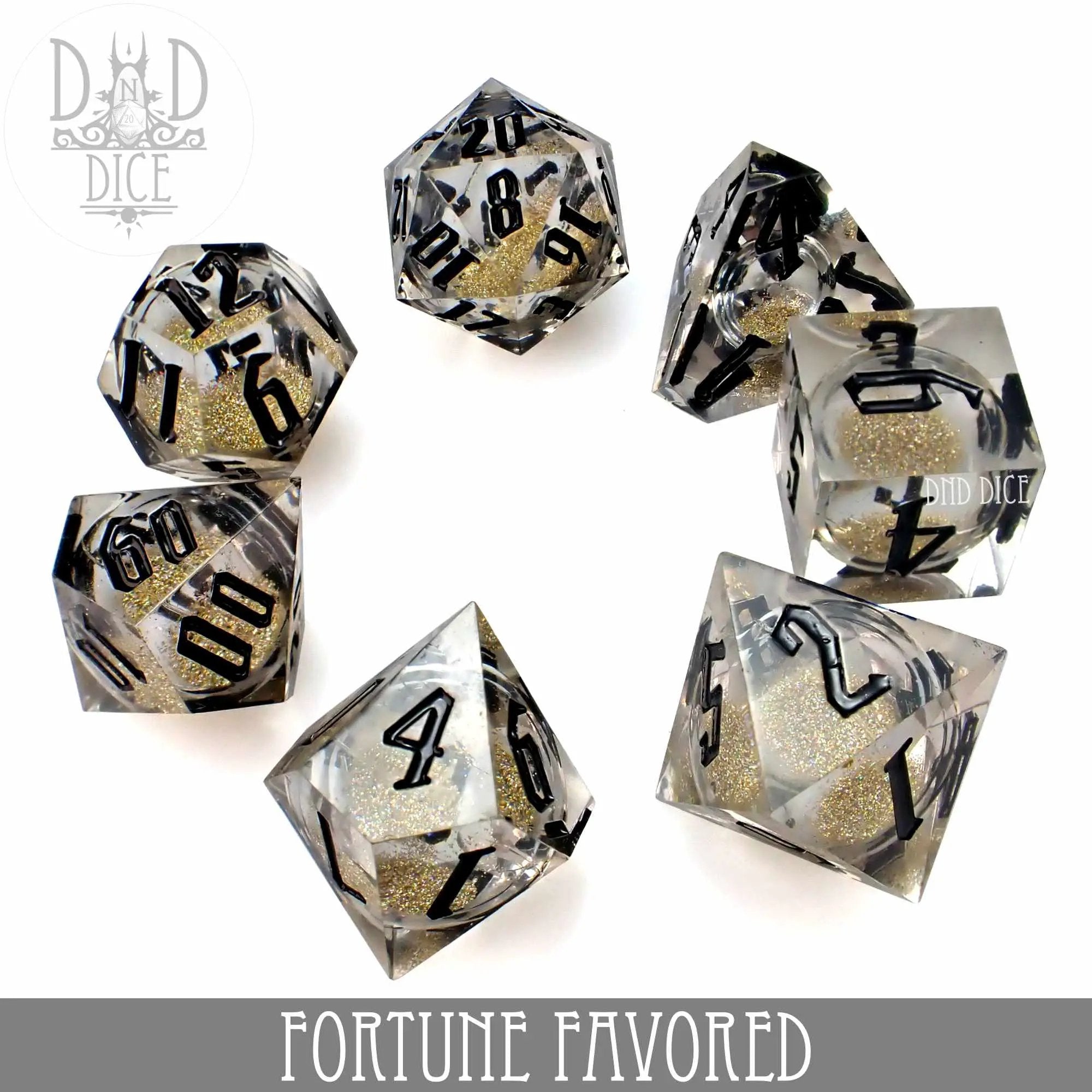 Fortune Favored Liquid Core Dice Set by DNDDICE.COM