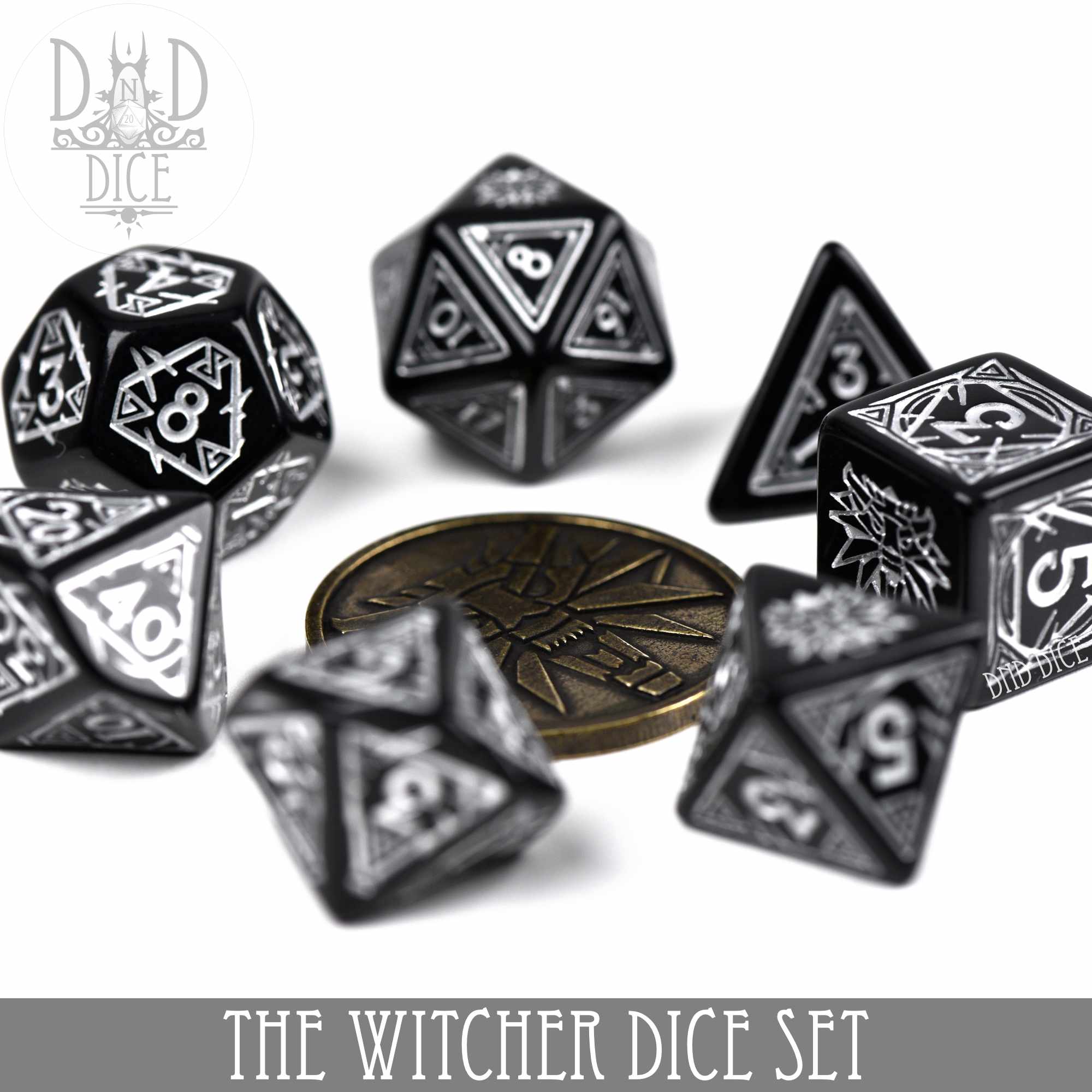 The Witcher Dice Set and Coin - Geralt by DNDDICE.COM