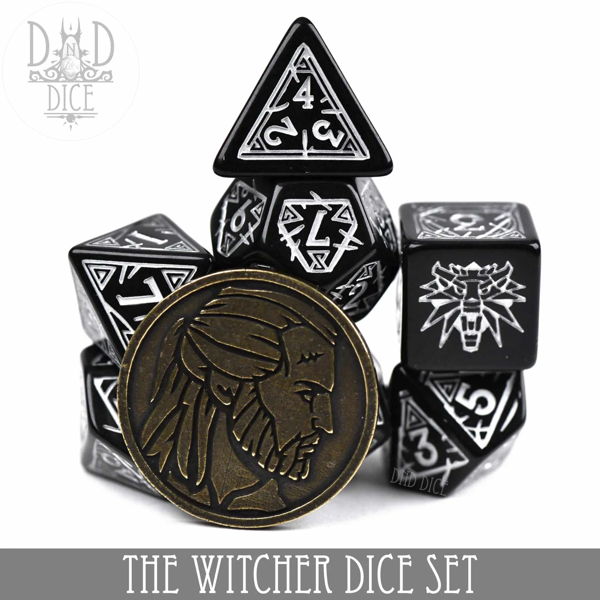 The Witcher Dice Set and Coin - Geralt by DNDDICE.COM