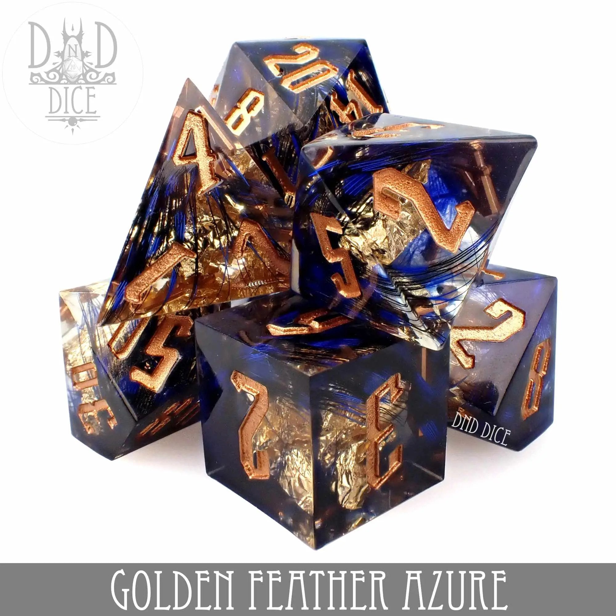 Golden Feather Azure Handmade Dice Set by DNDDICE.COM