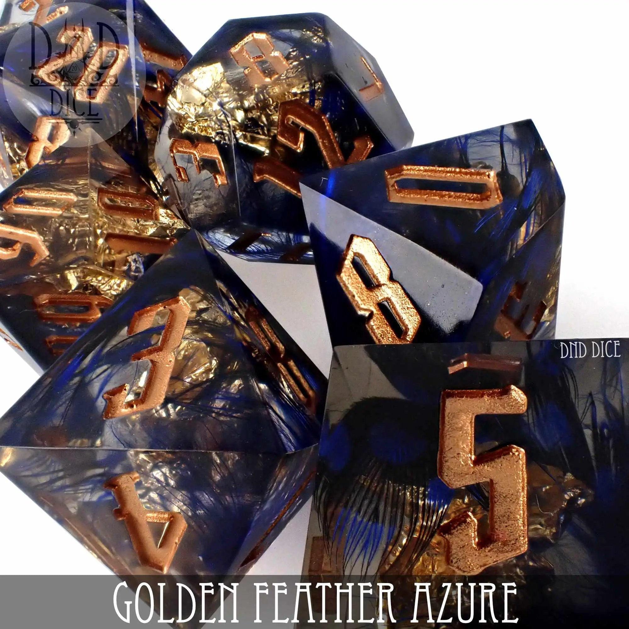 Golden Feather Azure Handmade Dice Set by DNDDICE.COM