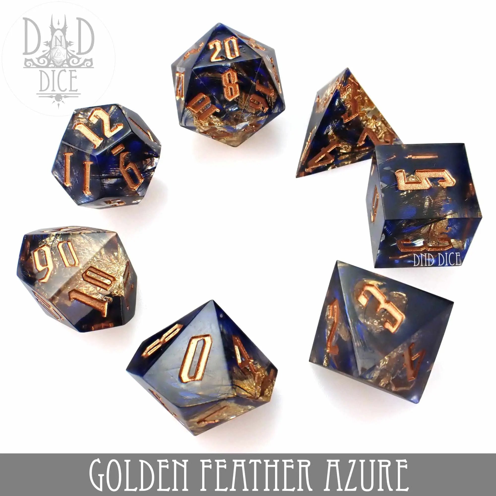Golden Feather Azure Handmade Dice Set by DNDDICE.COM