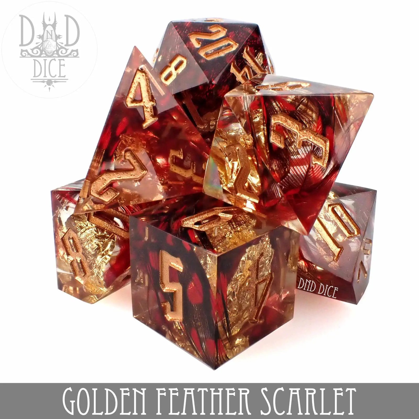 Golden Feather Scarlet Handmade Dice Set by DNDDICE.COM