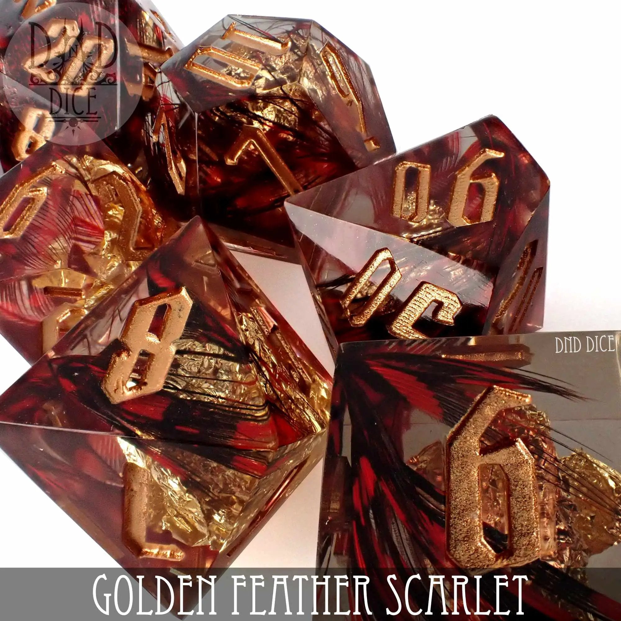 Golden Feather Scarlet Handmade Dice Set by DNDDICE.COM
